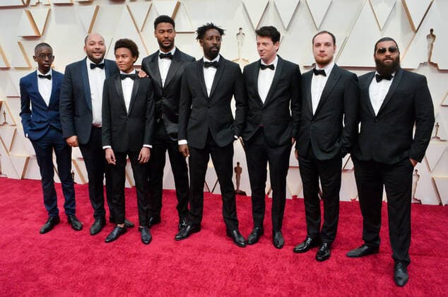 Ladj Ly (4th R), Djibril Zonga (4th L), Issa Perica (3rd L), Alexis Manenti (2nd R) and cast and crew from Les Miserables arrive for the 92nd annual Academy Awards at the Dolby Theatre in the Hollywood section of Los Angeles on Sunday, February 9, 2020.  LAP20200209373 JIMxRUYMEN
