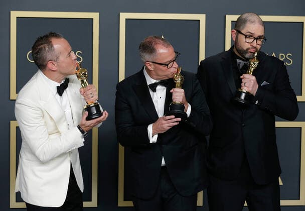 Jonas Rivera, Mark Nielsen and Josh Cooley, winners of Animated Feature Film for Toy Story 4, appear backstage with their Oscars during the 92nd annual Academy Awards at Loews Hollywood Hotel in the Hollywood section of Los Angeles on Sunday, February 9, 2020.  LAP20200209407 JOHNxANGELILLO