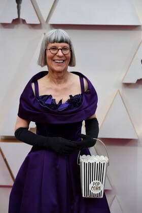 February 9, 2020, Los Angeles, California, USA: British makeup artist LOIS BURWELL carries a popcorn purse during red carpet arrivals for the 92nd Academy Awards, presented by the Academy of Motion Picture Arts and Sciences (AMPAS), at the Dolby Theatre in Hollywood. Los Angeles USA - ZUMAz03_ 20200209_zbp_z03_107 Copyright: xKevinxSullivanx