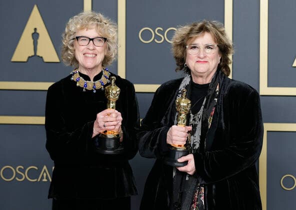 (L-R) Barbara Ling and Nancy Haigh, winners of Best Production Design for Once upon a Time...in Hollywood, appear backstage with their Oscars during the 92nd annual Academy Awards at Loews Hollywood Hotel in the Hollywood section of Los Angeles on Sunday, February 9, 2020.  LAP20200209441 JOHNxANGELILLO
