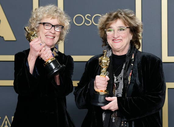 (L-R) Barbara Ling and Nancy Haigh, winners of Best Production Design for Once upon a Time...in Hollywood, appear backstage with their Oscars during the 92nd annual Academy Awards at Loews Hollywood Hotel in the Hollywood section of Los Angeles on Sunday, February 9, 2020.  LAP20200209442 JOHNxANGELILLO