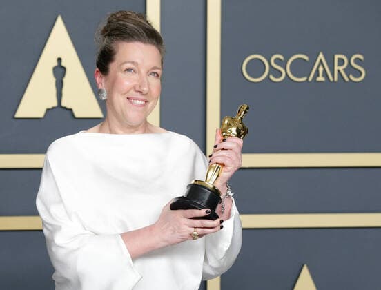 Jacqueline Durran, winner of Best Costume Design for Little Women, appears backstage with her Oscar during the 92nd annual Academy Awards at Loews Hollywood Hotel in the Hollywood section of Los Angeles on Sunday, February 9, 2020.  LAP20200209710 JOHNxANGELILLO