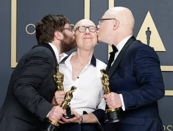 (L-R) Steven Bognar, Julia Reichert and Jeff Reichert, winners of Best Documentary Feature for American Factory, appear backstage with their Oscar during the 92nd annual Academy Awards at Loews Hollywood Hotel in the Hollywood section of Los Angeles on Sunday, February 9, 2020.  LAP20200209742 JOHNxANGELILLO
