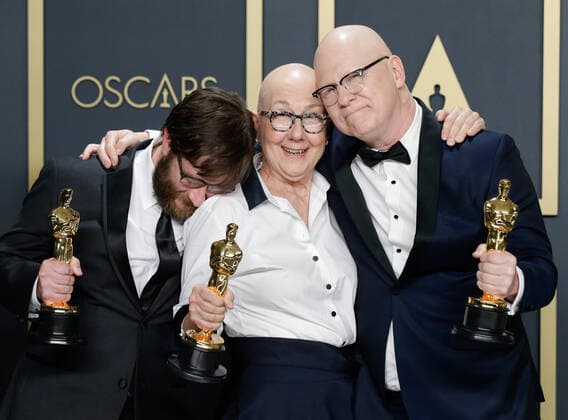 (L-R) Steven Bognar, Julia Reichert and Jeff Reichert, winners of Best Documentary Feature for American Factory, appear backstage with their Oscar during the 92nd annual Academy Awards at Loews Hollywood Hotel in the Hollywood section of Los Angeles on Sunday, February 9, 2020.  LAP20200209745 JOHNxANGELILLO
