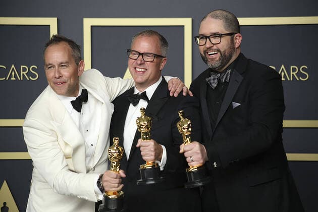 February 9, 2020, Hollywood, California, USA: Filmmakers Jonas Rivera, Mark Nielsen and Josh Cooley, winners of the Animated Feature Film award for ?Toy Story 4,? pose in the press room of the 92nd Academy Awards on Sunday February 9, 2020 at the Dolby Theater in Hollywood, California. BURT HARRIS BNS PI Hollywood USA - ZUMAp124 20200209_zaa_p124_086 Copyright: xBurtxHarrisx