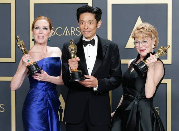 (L-R) Anne Morgan, Kazu Hiro, and Vivian Baker, winners of Best Makeup and Hairstyling for Bombshell, appear backstage with their Oscar, during the 92nd annual Academy Awards at Loews Hollywood Hotel in the Hollywood section of Los Angeles on Sunday, February 9, 2020.  LAP20200209807 JOHNxANGELILLO
