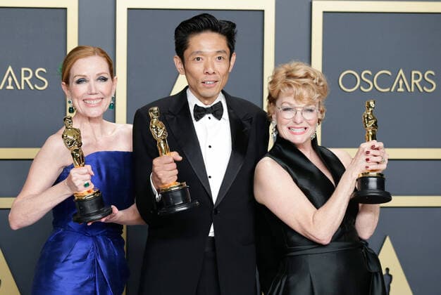 (L-R) Anne Morgan, Kazu Hiro, and Vivian Baker, winners of Best Makeup and Hairstyling for Bombshell, appear backstage with their Oscar, during the 92nd annual Academy Awards at Loews Hollywood Hotel in the Hollywood section of Los Angeles on Sunday, February 9, 2020.  LAP20200209810 JOHNxANGELILLO