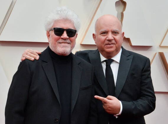 Pedro Almodovar (L) and guest arrive for the 92nd annual Academy Awards at the Dolby Theatre in the Hollywood section of Los Angeles on Sunday, February 9, 2020.  LAP202002092015 JIMxRUYMEN