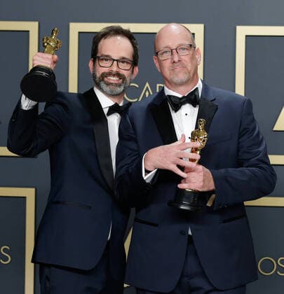 Andrew Buckland (L) and Michael McCusker, winners of Best Film Editing for Ford v Ferrari, appear backstage with their Oscar, during the 92nd annual Academy Awards at Loews Hollywood Hotel in the Hollywood section of Los Angeles on Sunday, February 9, 2020.  LAP202002092054 JOHNxANGELILLO