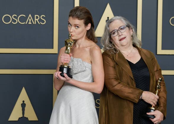(L-R) Elena Andreicheva and Carol Dysinger, winners of Best Documentary Feature for Learning to Skateboard in a Warzone (If You re a Girl), appear backstage with their Oscar during the 92nd annual Academy Awards at Loews Hollywood Hotel in the Hollywood section of Los Angeles on Sunday, February 9, 2020.  LAP202002092070 JOHNxANGELILLO