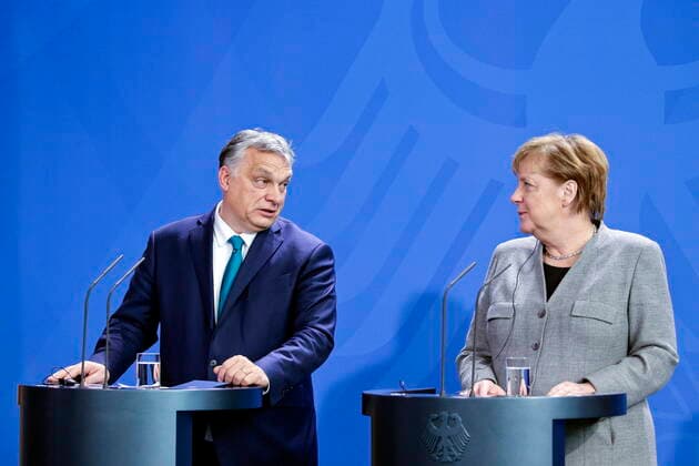 10 02 2020, Berlin, Germany Press statements by Chancellor Angela Merkel and the Prime Minister of the Republic of Hungary, Viktor Orban, before the joint meeting in the Federal Chancellery Photo Chancellor Angela Merkel, CDU and Viktor Orban, Prime Minister of Hungary