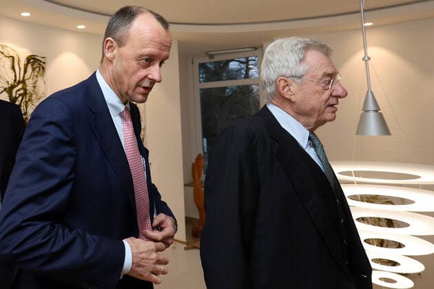 Friedrich Merz CDU Mi and Heinrich Weiss re CDA Award ceremony Roswith Oerter Prize to Heinrich Weiss Owner SMS Group on 10 02 2020 in Siegen Germany