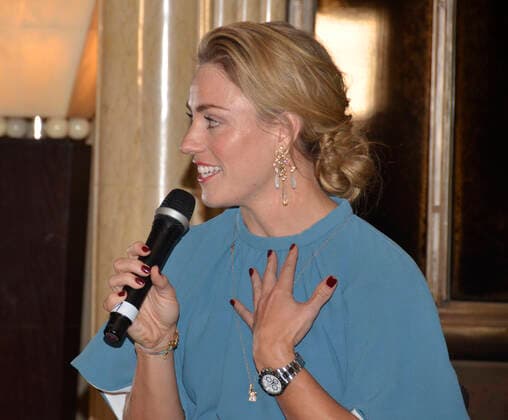 Angelique Kerber with earrings by Ole Lynggaard talks to jewelry designer Charlotte Lynggaard, Bayrischer Hof Munich, tennis, tennis player, Wimbledon champion of 2018 Angelique Kerber has signed a sponsorship contract with the Danish jewelry brand Ole Lynggaard Copenhagen Grand Slam winner, professional tennis player, wants to carry the flag of the German team at the 2020 Olympic Games in Tokyo