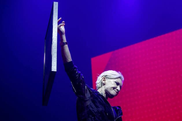 MOSCOW, RUSSIA - FEBRUARY 13, 2020: Diana Arbenina, leader of the Nochnye Snaipery Russian rock group, winner of the Concert nomination for the 29 March 2019 performance at Ice Palace, during the 13th Chartova Dyuzhina annual music awards ceremony at VTB Arena - Dynamo Central Stadium. Artyom Geodakyan TASS  TS0CE2CA