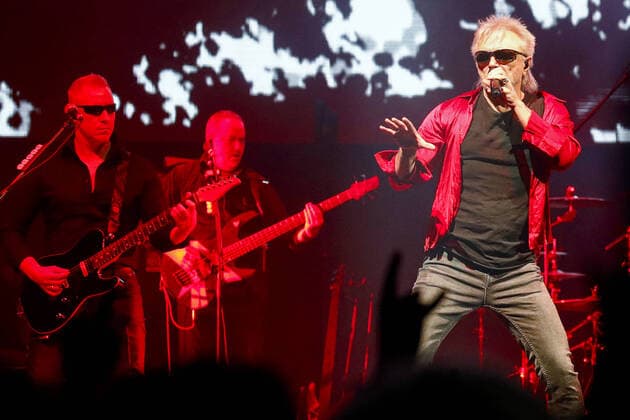 MOSCOW, RUSSIA - FEBRUARY 13, 2020: Konstantin Kinchev (R), leader of the Alisa Russian rock band, performs during the 13th Chartova Dyuzhina annual music awards ceremony at VTB Arena - Dynamo Central Stadium. Artyom Geodakyan TASS  TS0CE305