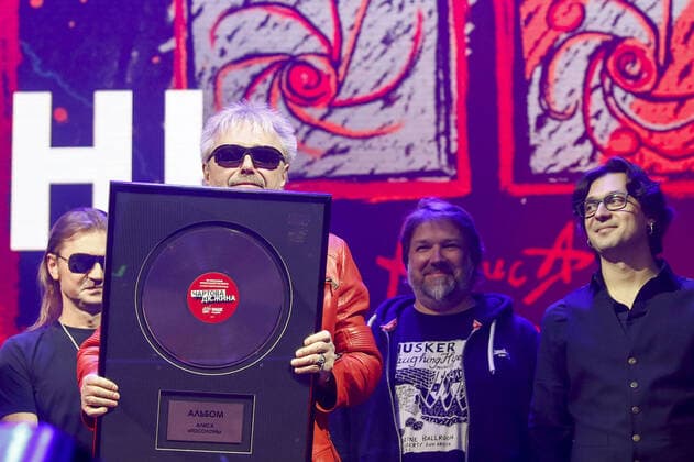 MOSCOW, RUSSIA - FEBRUARY 13, 2020: Konstantin Kinchev (front), leader of the Alisa Russian rock band, winner of the Record nomination for the Posolon album, during the 13th Chartova Dyuzhina annual rock music awards ceremony at VTB Arena - Dynamo Central Stadium. Artyom Geodakyan TASS  TS0CE2B6
