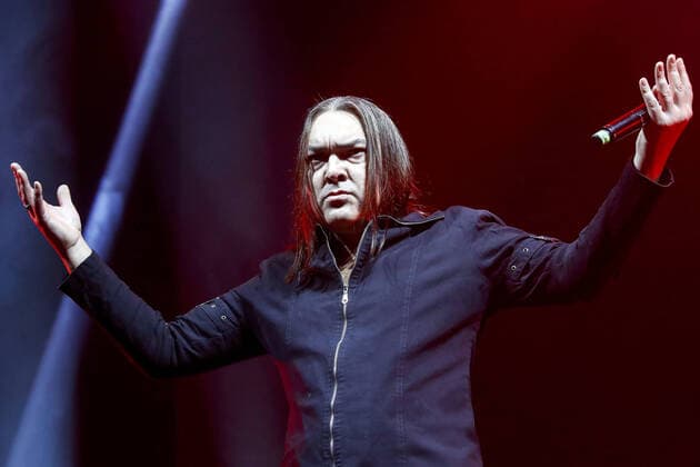 MOSCOW, RUSSIA - FEBRUARY 13, 2020: Alexei Gorshenev, lead singer of the Kukryniksy Russian punk band, during the 13th Chartova Dyuzhina annual rock music awards ceremony at VTB Arena - Dynamo Central Stadium. Artyom Geodakyan TASS  TS0CE287