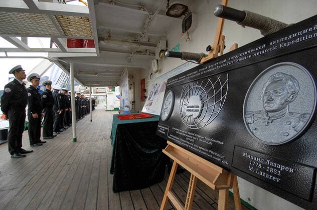 ATTENTION EDITORS! WRONGLY IDENTIFIED SHIP IN CAPTION FOR TASS IMAGE ID TS0CE425, DATED 13 FEBRUARY 2020, TITLED Russian ships Pallada and Kruzenshtern make stop in Ushuaia, Argentina in round-the-world voyage . CORRECTED CAPTION FOLLOWS: USHUAIA, ARGENTINA - FEBRUARY 13, 2020: A commemorative plaque with likenesses of Russian exploreres Mikhail Lazarev and Faddei Bellinshausen aboard the tallship Pallada, a training ship of Russia s Federal Agency for Fishery, as it hosts a Ship Open to Visitors Day, during a stop in Ushuaia, Argentina; since the end of 2019, three Russian ships - the Pallada, the Kruzenshtern and the Sedov - have been on a round-the-world voyage, which marks the 200th anniversary of the discovery of Antarctica by Bellingshausen and Lazarev, and the 75th anniversary of Soviet victory in the 1941-45 Great Patriotic War X0001151
