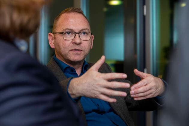 Germany, Berlin, Haus der Gewerkschaft, Interview with Anton Hofreiter B90 Grüne and Frank Werneke Bild Chairman of the United Services Union verdi, 03 02 2020