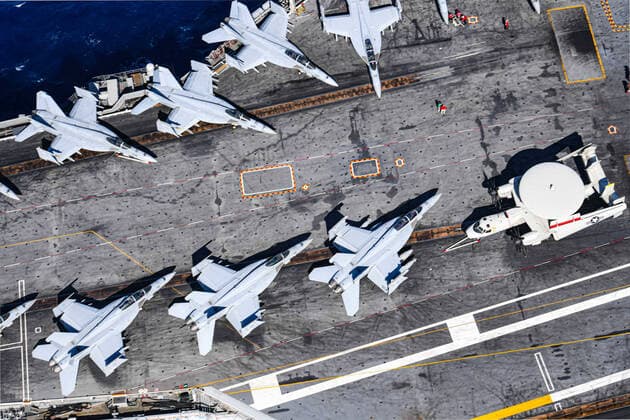 January 25, 2020, Uss Theodore Roosevelt, United States: Aircraft line the deck of the U.S. Navy Nimitz-class nuclear powered aircraft carrier USS Theodore Roosevelt as it transits the Pacific Ocean in January 25, 2020 in the Pacific Ocean. Uss Theodore Roosevelt United States - ZUMAp138 20200125_zaa_p138_007 Copyright: xAlexanderxWilliams Planetpixx