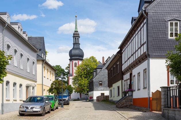 Kirchstraße with Trinity Church Zwönitz, Erzgebirge, Saxony, Germany