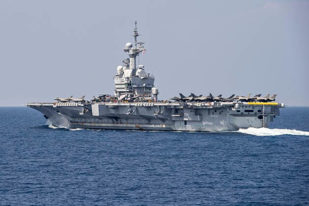 The French aircraft carrier Charles de Gaulle with Dassault Rafale M fighter aircraft on deck in the Mediterranean, Friday, April 5, 2019 The Danish frigate Niels Juel is part of the Task Force 473, an aircraft carrier group of surface units, both boats and aircraft and the French aircraft carrier Charles de Gaulle, Larnaca Cyprus Denmark,  Copyright: HenningxBagger HenningxBaggerx COP109 spdk20200220-133831-A