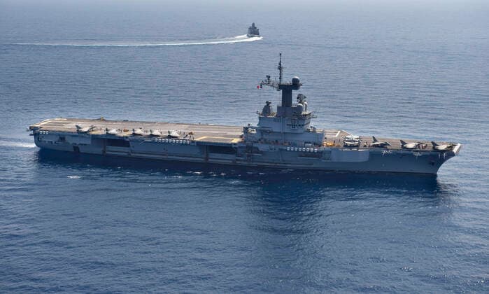 The French aircraft carrier Charles de Gaulle in the Mediterranean, Friday, April 5, 2019 Niels Juel is part of the Task Force 473 is a aircraft carrier group with surface units, both boats and aircraft and the French aircraft carrier Charles de Gaulle, Larnaca Cyprus,  Copyright: HenningxBagger HenningxBaggerx COP109 spdk20200220-133849-A