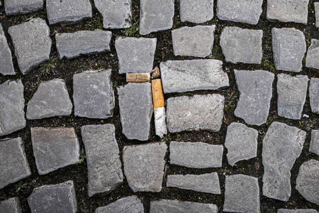 Eine Zigarettenkippe liegt zwischen Pflastersteinen auf dem Boden. Berlin, 20.02.2020. Berlin Deutschland *** A cigarette butt lies between cobblestones on the floor Berlin, 20 02 2020 Berlin Germany Copyright: xFlorianxGaertner photothek.netx