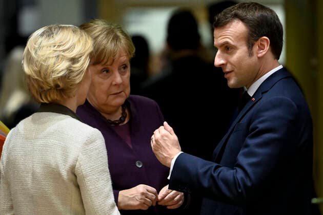 European Commission president Ursula Von der Leyen, Chancellor of Germany Angela Merkel and President of France Emmanuel Macron pictured during an extraordinary EU summit meeting on the European Budget 2021-2027, Thursday 20 February 2020, at the European Union headquarters in Brussels.  POOLxPHILIPxREYNAERS 2477584