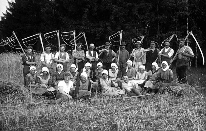  Landwirtschaft, Gruppe Bauern mit Sicheln und Dreschflegeln bei der Heuernte, 1920er Jahre, genauer Ort unbekannt, Deutschland, Europa *** Agriculture, group of farmers with sickles and flails during haymaking, 1920s, exact place unknown, Germany, Europe Copyright: imageBROKER/our-planet.berlin iblhek04640583.jpg