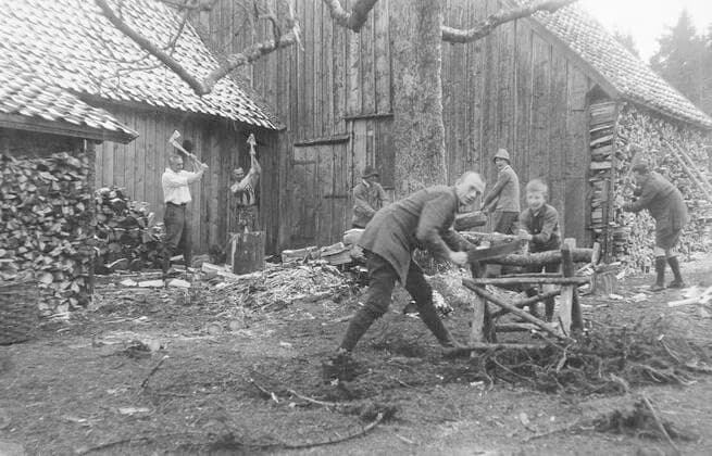  Landwirtschaft, Männer beim Holz hacken, 1930er Jahre, genauer Ort unbekannt, Deutschland, Europa *** Agriculture, men chopping wood, 1930s, exact place unknown, Germany, Europe Copyright: imageBROKER/our-planet.berlin iblhek04640591.jpg