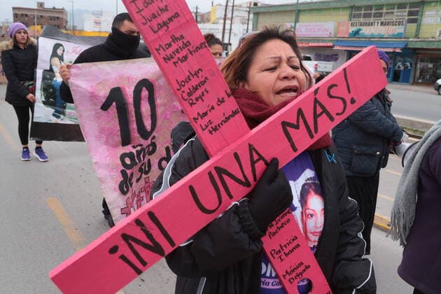 Mexico: Feminist march 10 years after the disappearance of Idaly Juache Laguna, family members and activists carry out march and memorial in the specialized women s prosecutor. Juarez Mexico Copyright: DavidxPeinado
