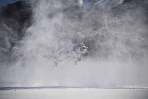 KAMCHATKA TERRITORY, RUSSIA - FEBRUARY 23, 2020: A Mil Mi-8 helicopter operated by the Vityaz Aero air carrier during a tour. Yuri Smityuk TASS  TS0CF682