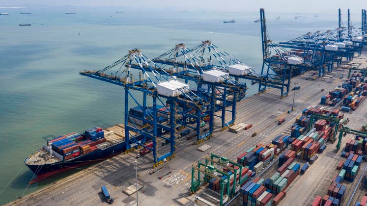 GUANGZHOU, CHINA - FEBRUARY 23: Aerial view of containers at the Port of Nansha on February 23, 2020 in Guangzhou, Guangdong Province of China.  Copyright: xVCGx CFP111272085990