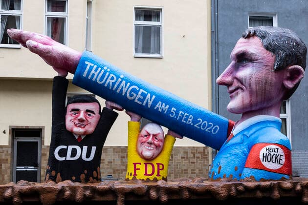 Jacques Tilly theme car, Shrove Monday train, Düsseldorf, Germany Düsseldorf, Germany 24 February 2020 Jacques Tilly theme car Sieg Heil Gesture for the state election in Thuringia with Björn Höcke, Afd, Shrove Monday train in Düsseldorf