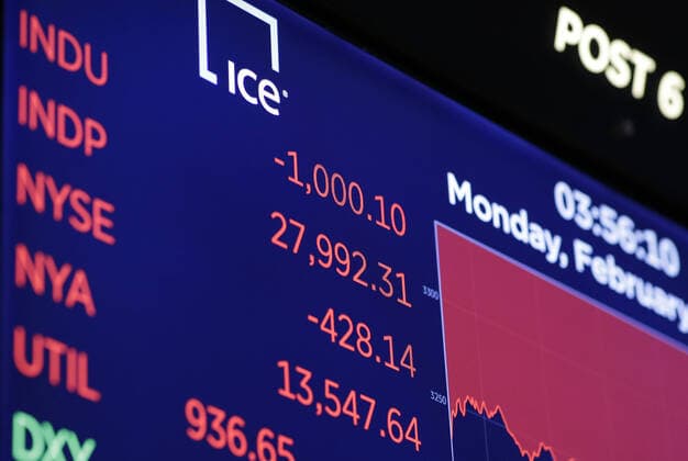 Traders work on the the floor of the New York Stock Exchange at the closing bell on Wall Street in New York City on Monday, February 24, 2020. Stocks fell sharply on Monday with Dow Jones Industrial Average closing down over 1,000 points on possible fears from the coronavirus outbreak.  NYP20200224136 JOHNxANGELILLO