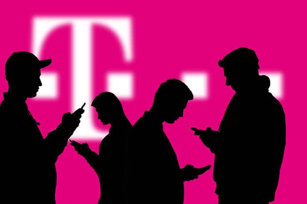 PHOTOMONTGE, model released Outlines of young people with smartphones in front of the Deutsche Telekom logo