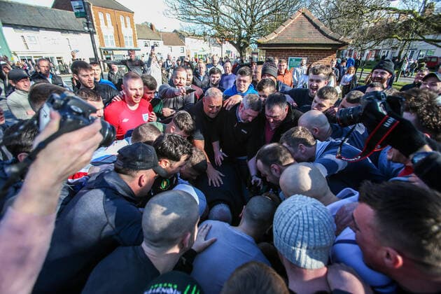 . 25 02 2020. Sedgefield, United Kingdom. The traditional Shrove Tuesday Ball Game in Sedgefield. Where a small, leather ball is chased around the village for hours.  xTomxBanksx xi-Imagesx IIM-20824-0005