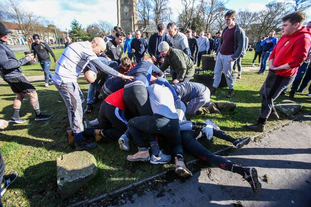 . 25 02 2020. Sedgefield, United Kingdom. The traditional Shrove Tuesday Ball Game in Sedgefield. Where a small, leather ball is chased around the village for hours.  xTomxBanksx xi-Imagesx IIM-20824-0006