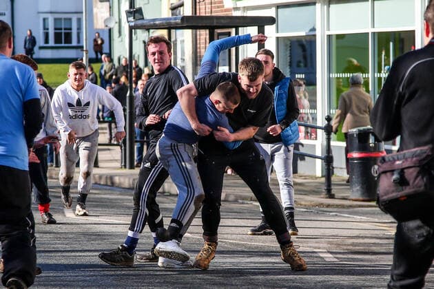 . 25 02 2020. Sedgefield, United Kingdom. The traditional Shrove Tuesday Ball Game in Sedgefield. Where a small, leather ball is chased around the village for hours.  xTomxBanksx xi-Imagesx IIM-20824-0019