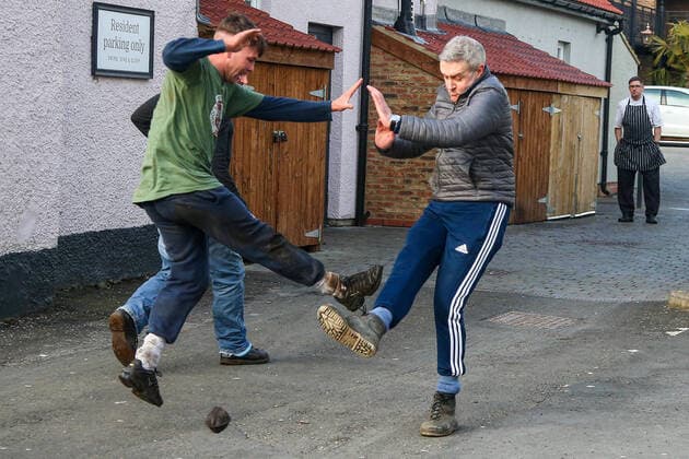 . 25 02 2020. Sedgefield, United Kingdom. The traditional Shrove Tuesday Ball Game in Sedgefield. Where a small, leather ball is chased around the village for hours.  xTomxBanksx xi-Imagesx IIM-20824-0036