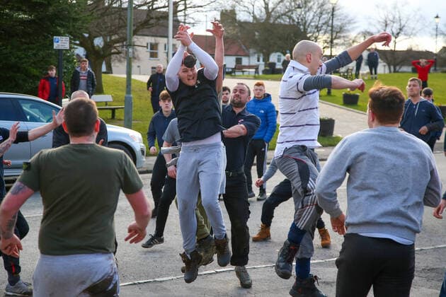 . 25 02 2020. Sedgefield, United Kingdom. The traditional Shrove Tuesday Ball Game in Sedgefield. Where a small, leather ball is chased around the village for hours.  xTomxBanksx xi-Imagesx IIM-20824-0037