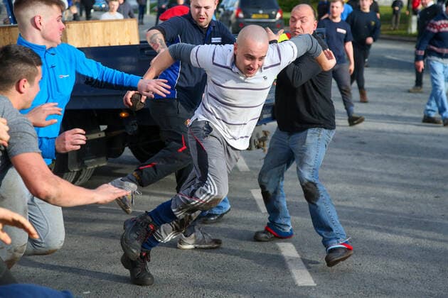 . 25 02 2020. Sedgefield, United Kingdom. The traditional Shrove Tuesday Ball Game in Sedgefield. Where a small, leather ball is chased around the village for hours.  xTomxBanksx xi-Imagesx IIM-20824-0051
