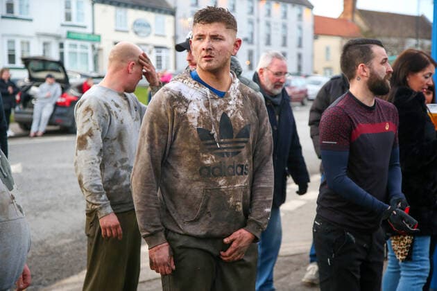 . 25 02 2020. Sedgefield, United Kingdom. The traditional Shrove Tuesday Ball Game in Sedgefield. Where a small, leather ball is chased around the village for hours.  xTomxBanksx xi-Imagesx IIM-20824-0053
