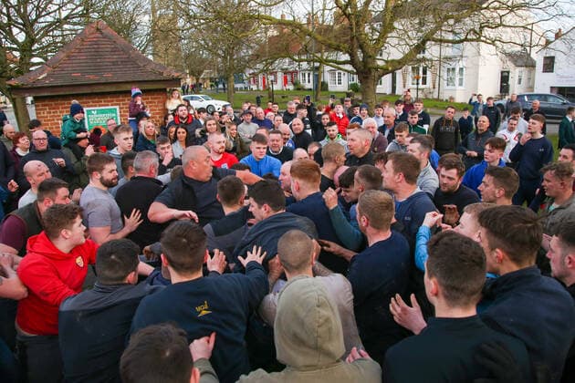 . 25 02 2020. Sedgefield, United Kingdom. The traditional Shrove Tuesday Ball Game in Sedgefield. Where a small, leather ball is chased around the village for hours.  xTomxBanksx xi-Imagesx IIM-20824-0054