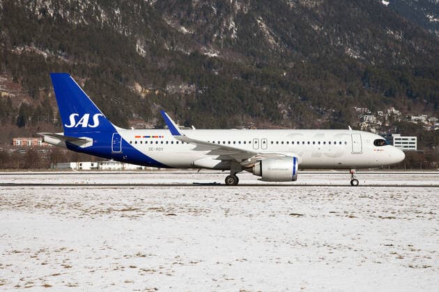 February 8, 2020, Innsbruck, Austria: A Scandinavian Airlines (SAS) Airbus 320 NEO in new livery, just landed at Innsbruck Kranebitten airport. Innsbruck Austria - ZUMAs197 20200208_zab_s197_204 Copyright: xFabrizioxGandolfox