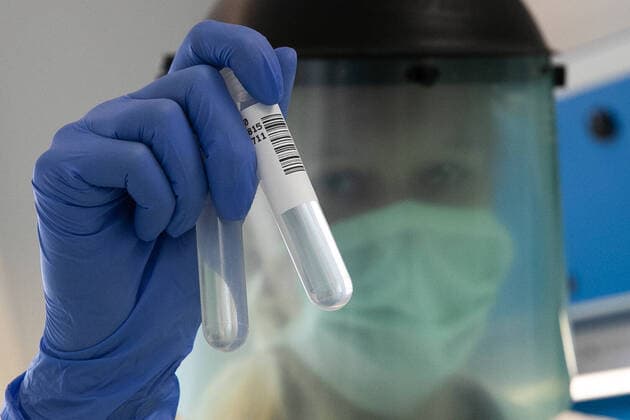 Symbol photo, laboratory, coronavirus, corona virus, protective clothing, warning sign, biohazard