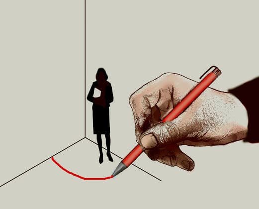 Man draws red line around business woman in a corner  Copyright: xGaryxWatersx 11591988