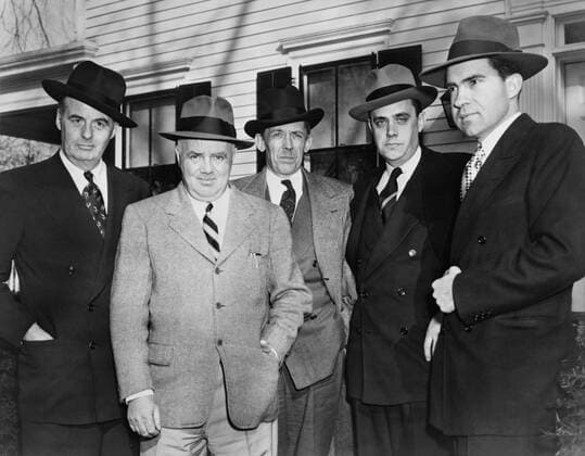 Members of the House Un-American Activities Committee HUAC in 1948. L to R Rep. Richard B. Vail Rep. John Parnell Thomas Rep. John McDowell Robert Stripling chief counsel and Rep. Richard Nixon. Courtesy Everett Collection PUBLICATIONXNOTxINxCANxCHNxFRAxITAxJPNxNORxPOLxRUSxESPxUKxUSA Copyright: xCourtesyxEverettxCollectionx HISL032 EC181