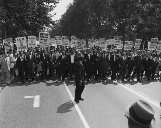 1963 March on Washington. Famous Civil Rights leaders at the front of the march. Group includes: John Lewis, Mathew Ahmann, Floyd McKissick, Martin Luther King, Cleveland Robinson, Rabbi Joachim Prinz, Joseph Rauh, Whitney Young, Roy Wilkins, A. Philip Ra Courtesy Everett Collection PUBLICATIONXNOTxINxCANxCHNxFRAxITAxJPNxNORxPOLxRUSxESPxUKxUSA Copyright: xCourtesyxEverettxCollectionx HISL033 EC486
